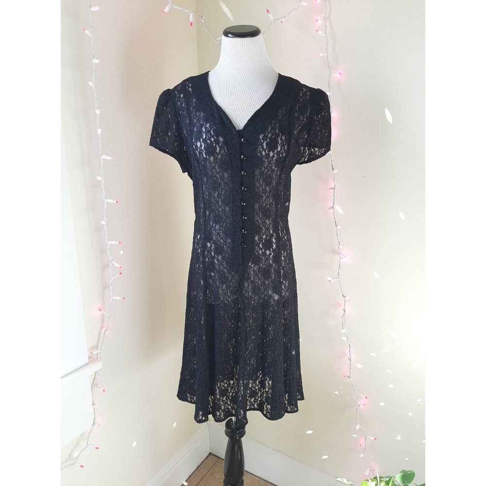 Vtg Black Sheer Lace Button Midi Dress Fit & Flare Whimsigoth 90s Corset Tie - Picture 10 of 10